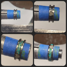 Load image into Gallery viewer, We handmake each ring to create a truly one-of-a-king opal and ash ring. This photo shows the process from the blank titanium ring core to the finished memorial ring.
