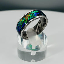 Load image into Gallery viewer, blacken Damascus stainless steel wedding ring with blue, green, red, and gold inlay.