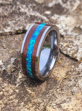 Load image into Gallery viewer, Black Walnut Wood, Cobalt Opals, and Glow Dust Ring
