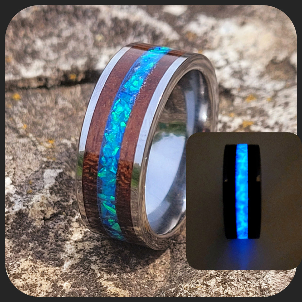 Black Walnut Wood, Cobalt Opals, and Glow Dust Ring