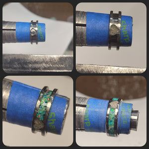 We handmake each ring to create a truly one-of-a-king opal and ash ring. This photo shows the process from the blank titanium ring core to the finished memorial ring.