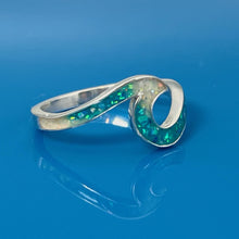 Load image into Gallery viewer, sterling silver wave ring made with ocean sand, white opals, blue opals and ashes

