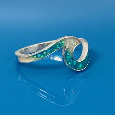 sterling silver wave ring made with ocean sand, white opals, blue opals and ashes
