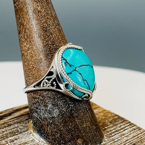Rhodium Plated Sterling Silver and Turquoise Tru-Stone Ring