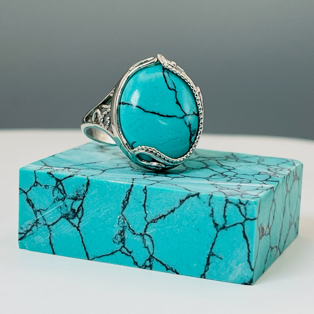 Rhodium Plated Sterling Silver and Turquoise Tru-Stone Ring