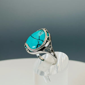 Rhodium Plated Sterling Silver and Turquoise Tru-Stone Ring