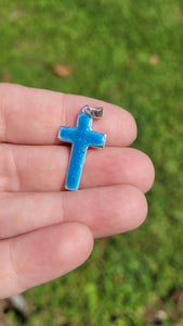 .925 Sterling Sliver Memorial Cross with Blue Glow Pendant