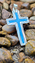 Load image into Gallery viewer, .925 Sterling Sliver Memorial Cross with Blue Glow Pendant
